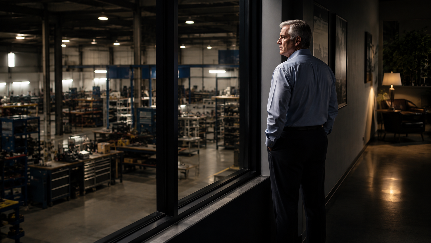 Industrial office overlook with reflective figure
